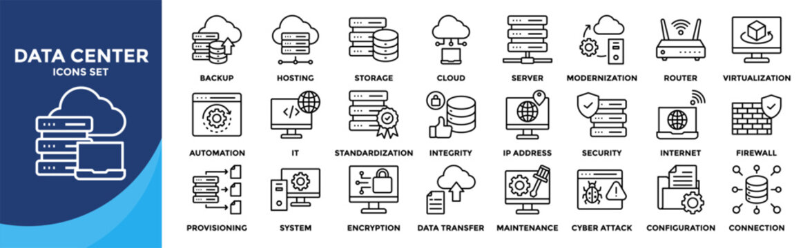 Data center icon set collection. an icon pack contain server, storage, router, cloud, backup, security, cyber, internet, hosting, modernization, virtualization, automation