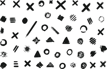 Hand Drawn Abstract Brush Stroke Marks Collection X O Geometric Shapes Isolated on Transparent Background