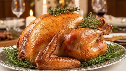 Golden Roasted Turkey with Herbs on a Festive Dinner Table.
