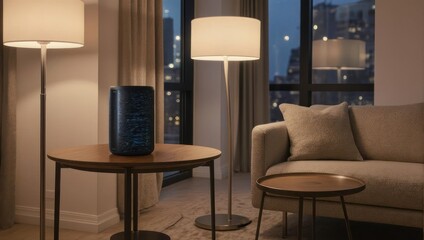 A modern living room scene with a smart speaker, lamps, tables, and a city backdrop
