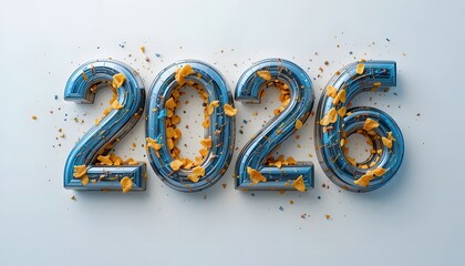 Bright new year 2026 design with metallic blue digits and festive confetti, representing future success and growth. 2026 food