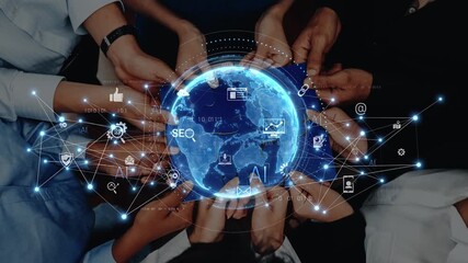 A diverse group of hands gathers around a digital representation of Earth, highlighting the importance of teamwork, technology, and global connections in modern business. Raster - Powered by Adobe