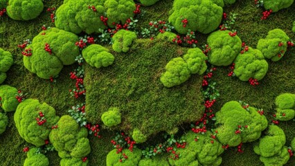 Lush Green Moss and Tiny Red Berries Creating a Vibrant Natural Texture Background.