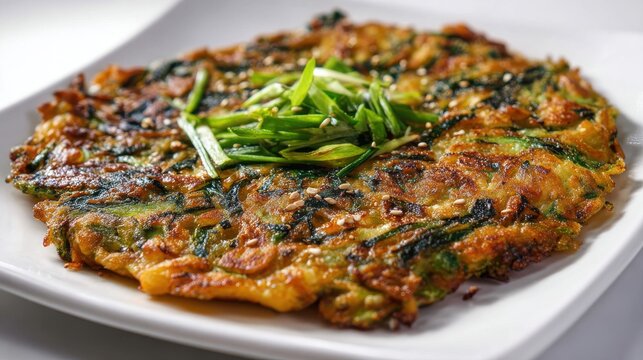 Savory Korean Pancake With Green Onions and Sesame Seeds on White Plate