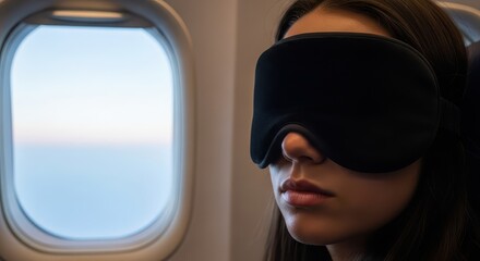 Young female passenger rests wearing a sleep mask near an aircraft window