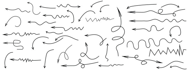 black pen arrow collection on checkered paper sheet. Hand drawn crayon various arrows, curved, wavy and straight lines. Direction pointers for notes, doodle and school design,Line marker brush arrow 