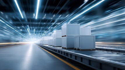 Logistics in Motion: Illustrating the rapid and efficient flow of goods, this dynamic image captures a warehouse conveyor system transporting packages