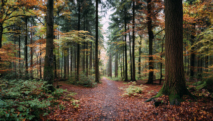 Fototapeta premium Panoramic view of a dense forest path covered with fallen autumn leaves, tall trees with textured bark, and vibrant foliage in shades of green, orange, and yellow during daytime
