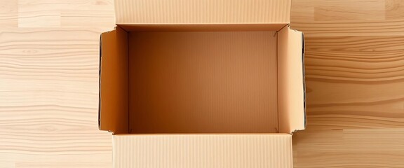 Empty light brown cardboard box, open top, flaps folded down, empty, sustainable