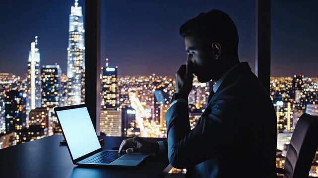 Night Owl - Businessman Working Late with City View.