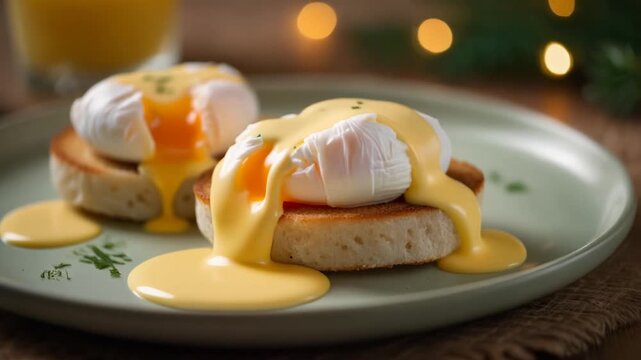 A plate of perfectly poached eggs on toasted English muffins, captured in elegant simplicity.