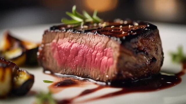 Perfectly seared filet mignon steak with caramelized crust, fixed camera focus.