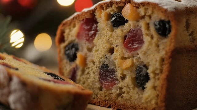 Slice of fruitcake showing dense, rich texture, camera focused steadily on it.