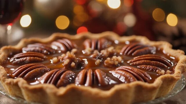 Slice of pecan pie with glossy caramelized top, camera remains stationary and focused.