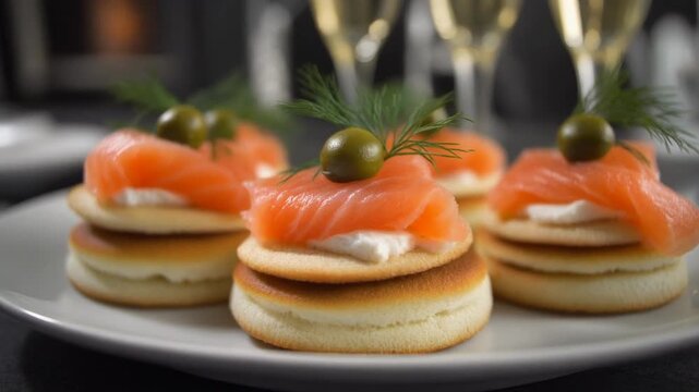A handheld camera capturing a beautifully arranged plate of smoked salmon blinis from a close-up view.