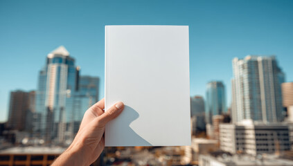 Person holding blank white book with smooth matte cover in front of a modern city skyline with high-rise buildings during daytime