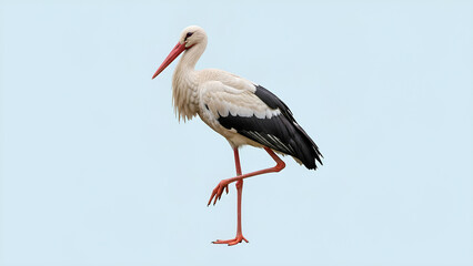 Fototapeta premium Striking white stork balances gracefully on one long red leg against pale sky