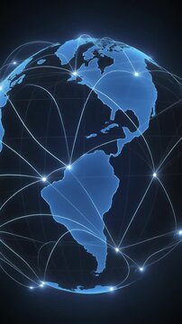 Glowing Blue Earth with Network Lines Connecting Continents, Symbolizing Global Communication, Connectivity, and Technology