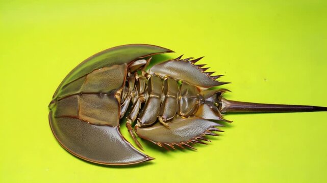 Horseshoe crab lying upside down on a bright yellow surface in detailed close up shot from above crab green screen video