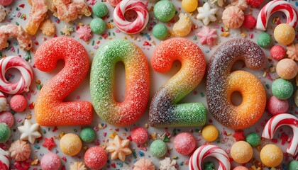 Sweet 2026: colorful sugary candy numbers with an array of festive treats, sprinkles, and lollipops on a bright background. 2026 food
