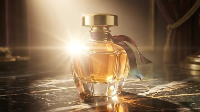 A golden perfume bottle sits bathed in dramatic light.