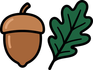 Illustration of an acorn and an oak leaf with black outlines.