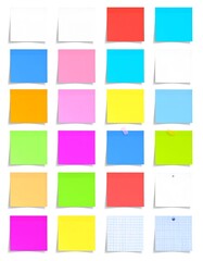 Assorted colorful square sticky notes arranged on a white backdrop