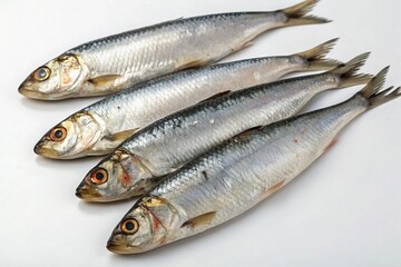 Fototapeta premium Fresh whole sardines lined up on white background