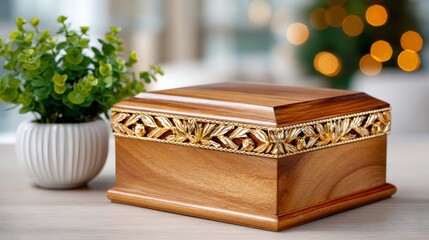 Wooden urn or keepsake box with gold ornament