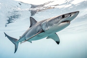 Fototapeta premium Powerful great white shark swimming underwater in clear blue ocean water