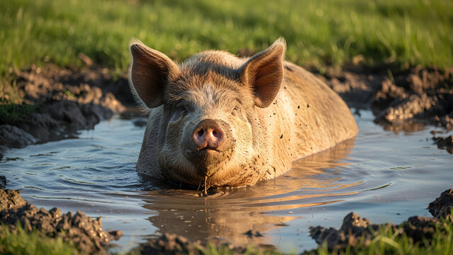 Content pig relaxes happily wallowing in cool mud puddle on sunny day