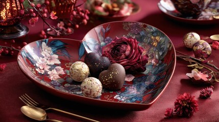 Ornate heart shaped dish holds gourmet chocolates and deep red rose centerpiece