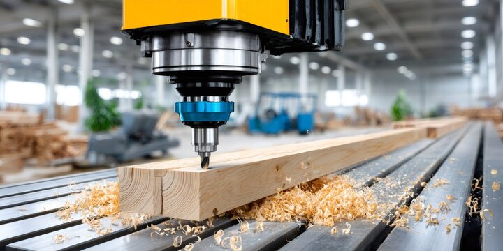 CNC machine routing wood in a woodworking factory