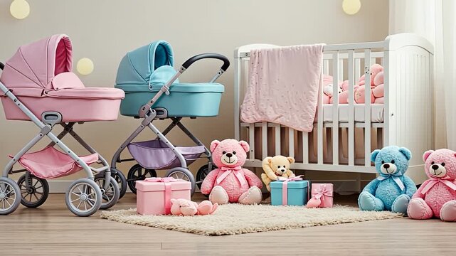 Cozy nursery with pastel strollers and plush bears in gentle morning light
