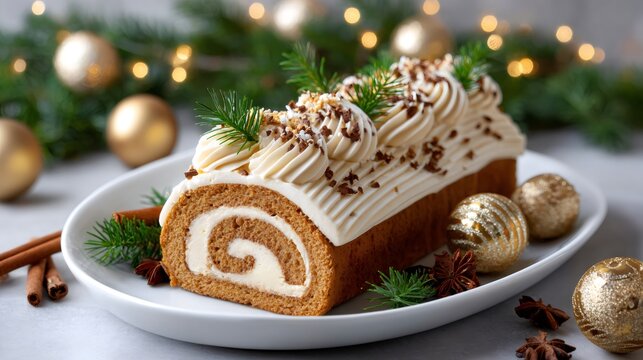 Yule log cake on plate with Christmas decorations - Powered by Adobe