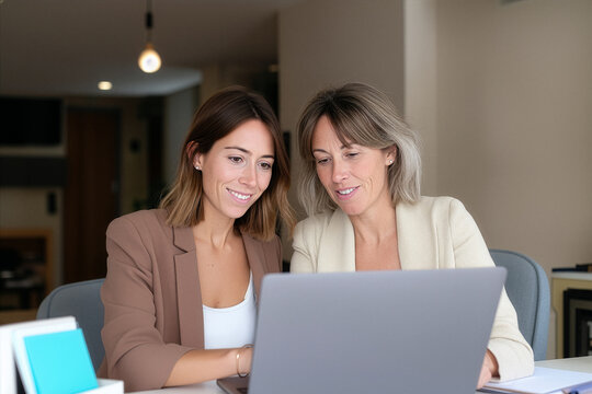 Two female colleagues collaborating using a laptop in the office