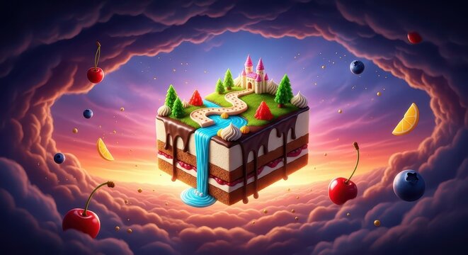 Edible architectural structure featuring a whimsical landscape floats amidst dramatic, swirling clouds at sunset