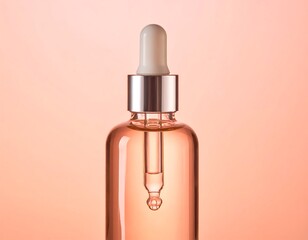Close-up of skincare serum bottle with dropper, coral backdrop