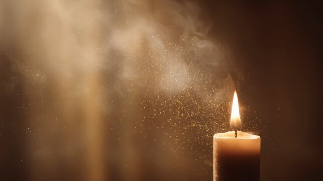 Luminous Candle: A single candle flame casts a warm, inviting glow, creating a serene ambiance in a tranquil space, with soft light and delicate smoke trails swirling gently above. - Powered by Adobe