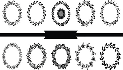 Collection of ten black floral and leaf wreaths and a central black banner leaves