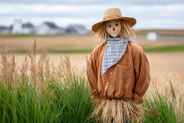 Obraz premium Scarecrow standing guard in a rural autumn field for harvest