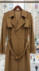 Classic tan outerwear garment hangs against a backdrop of a busy urban setting viewed through a window