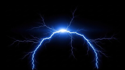 Intense bright blue electrical lightning bolt striking downwards from a central point against a dark background