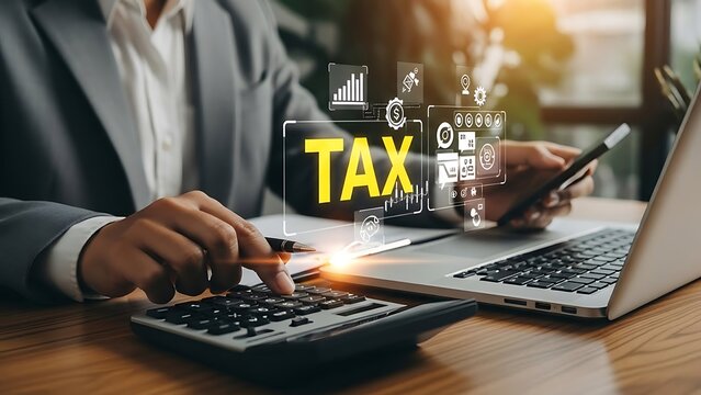Calculating Taxes with a Calculator and Laptop, Digital Icons Displaying Financial and Business Concepts Over a Wooden Desk