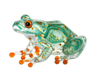 A clear frog figurine, swirled with turquoise and gold detail, posed on a solid background