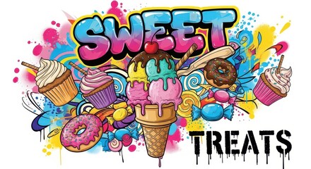 Colorful illustration features an abundance of sugary desserts set against a dynamic, spray-paint inspired background