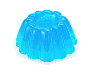 A vibrant, clear blue gelatin dessert, molded in a fluted shape, sits on a white hexagonal plate