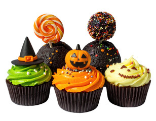 Festive Halloween treats cupcakes with witch hats, pumpkin faces, lollipops, and sprinkles