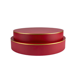 Two-tiered, red, circular pedestal with gold trim, isolated on a black background
