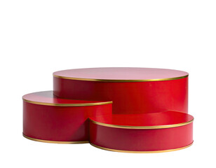 Three-tiered, vibrant red cylindrical pedestals with gold trim against a dark background